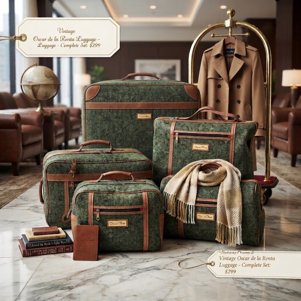 Vintage luggage nesting set Oscar De La Renta 5pc set green tweed vegan leather